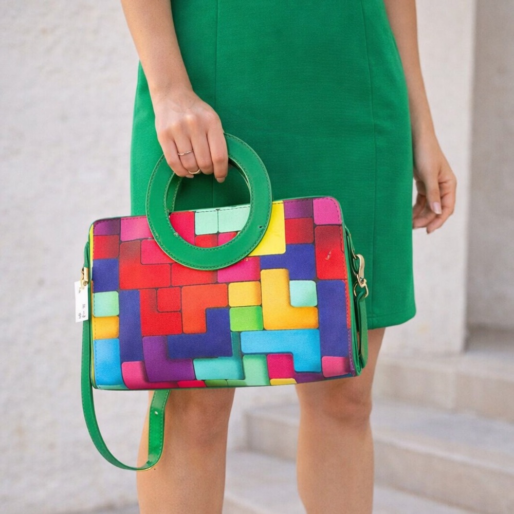 NWT Colorful Geometric Print Top Handle Circle Handle Detachable Strap Bag